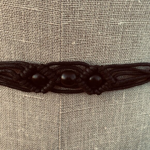 Vintage Y2K Boho Hippie Wood Beaded Black Leather Cord Rope Fringe Tie Hip Belt - Picture 6 of 9